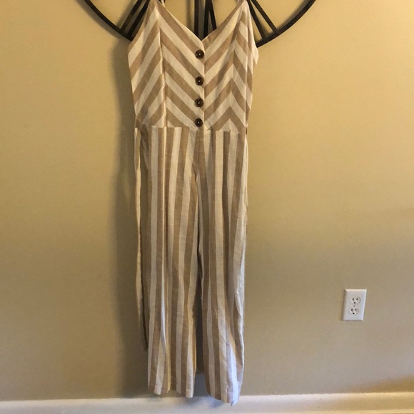 kenzie Other - Kenzie Striped Beige + White Striped Linen Romper